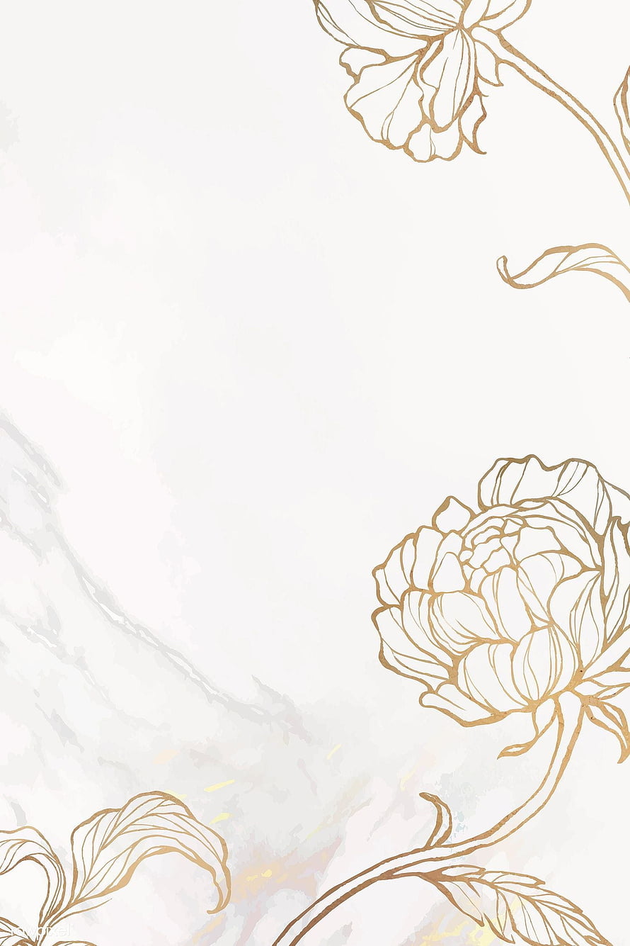 Elegant Gold Floral Line Art on White Marble Background HD phone wallpaper