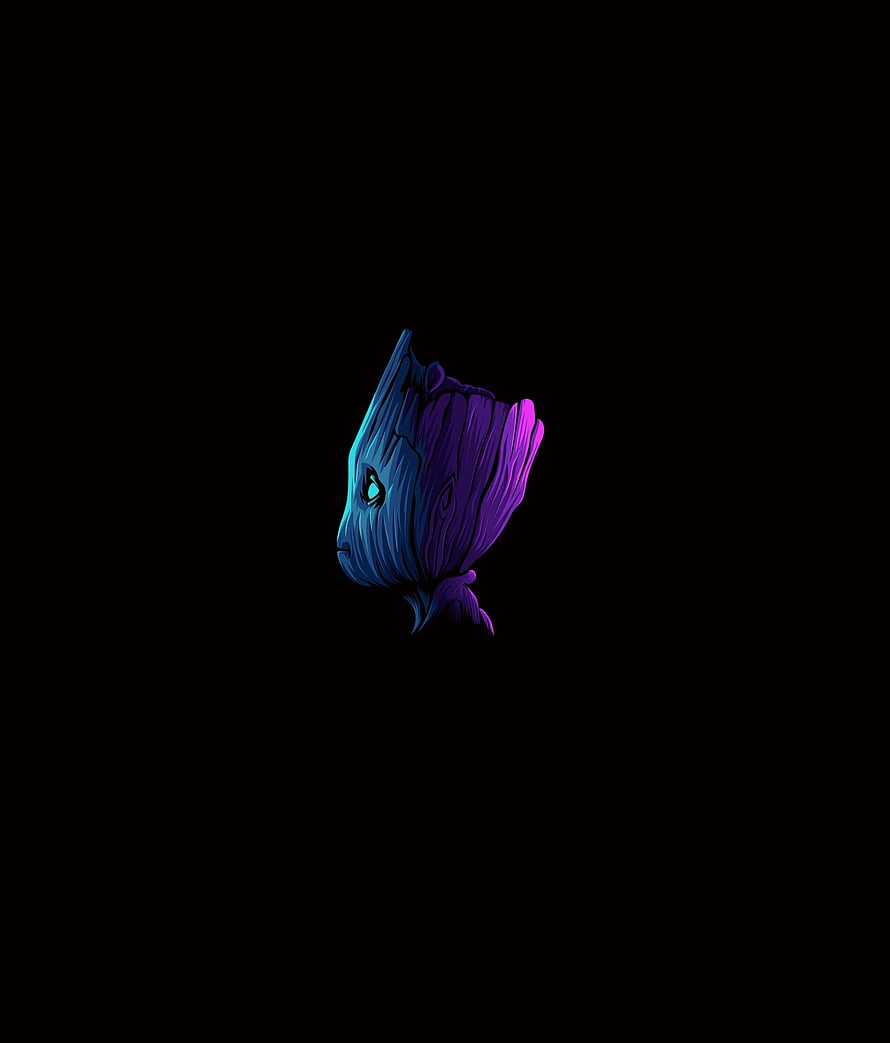 Baby Groot Minimalist Digital Art with Neon Blue and Purple Gradient on Black Background HD phone wallpaper