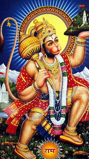 Hanumanji Devotional Portrait with Golden Crown and Sacred Garland HD phone wallpaper
