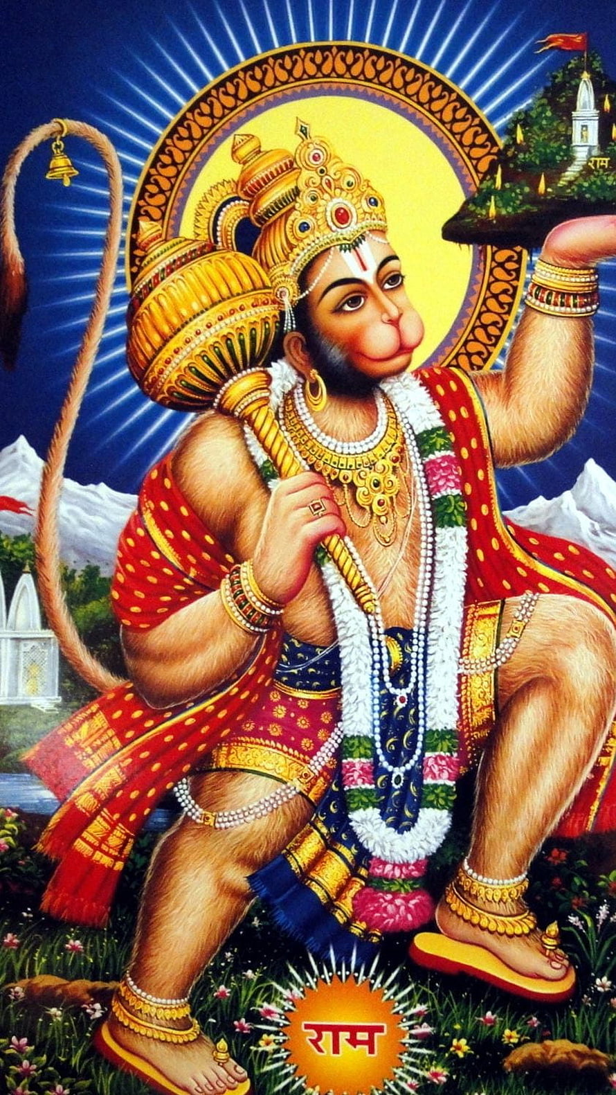 Hanumanji Devotional Portrait with Golden Crown and Sacred Garland HD phone wallpaper