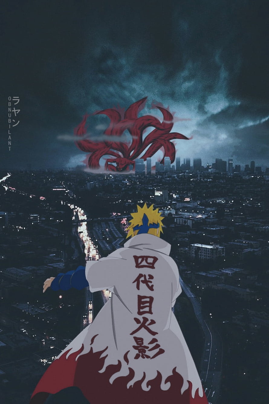 Fourth Hokage Minato Namikaze and Nine-Tails Over Night City in Naruto Anime Art HD phone wallpaper