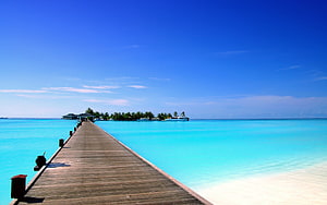 Tropical Island View With Wooden Pier Extending Into Turquoise Ocean Water HD wallpaper