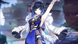 Yelan from Genshin Impact in a dynamic pose wearing a blue and white outfit with fur trim HD wallpaper