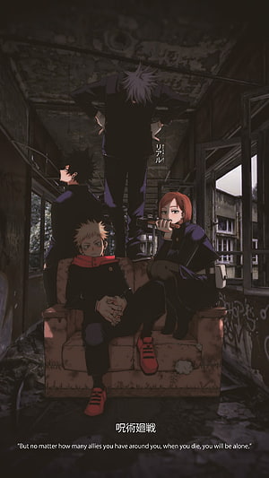 Jujutsu Kaisen Characters Gathered on a Sofa in an Abandoned Building HD phone wallpaper