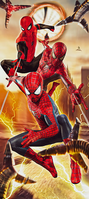 Spider-Man No Way Home Triumvirate Action Poster Featuring Three Suits, Spider-man No Way Home, Tom holland, Spiderman no way home, Andrew Garfield, Tobey maguire, Marvel, Spiderman HD phone wallpaper