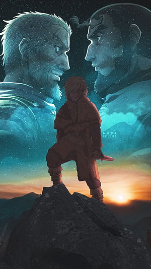 Vinland Saga Anime Artwork: Young Warrior on a Rocky Peak with Two Rival Faces in the Starry Sky HD phone wallpaper