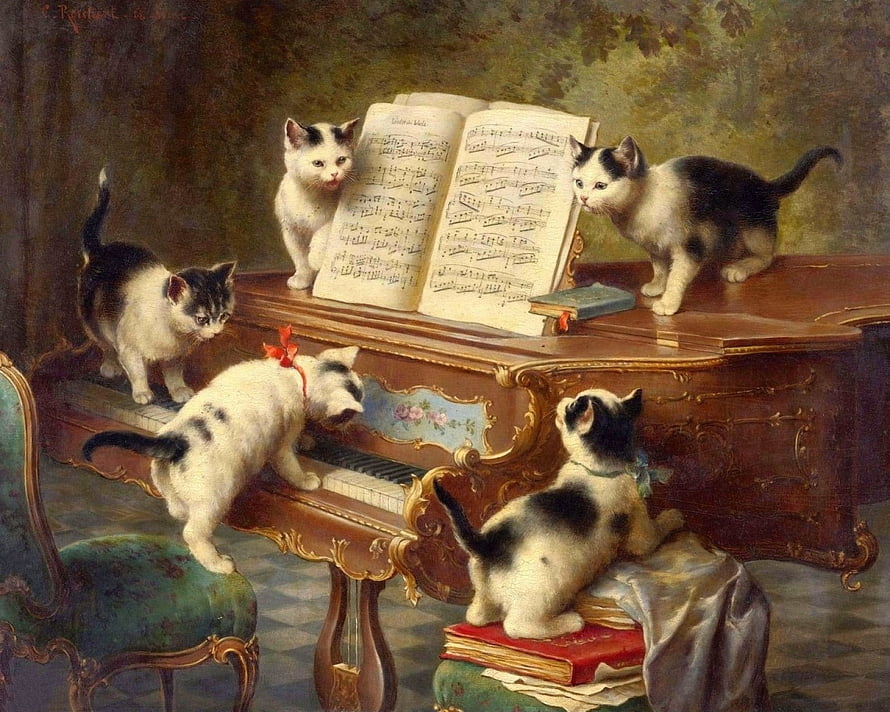 Kittens Playing Piano Classic Oil Painting with Sheet Music and Ornate Furniture HD wallpaper