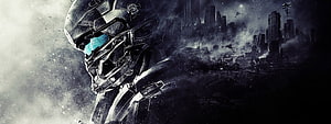 Halo Master Chief in Futuristic Armor Amidst a Destroyed Cityscape HD wallpaper