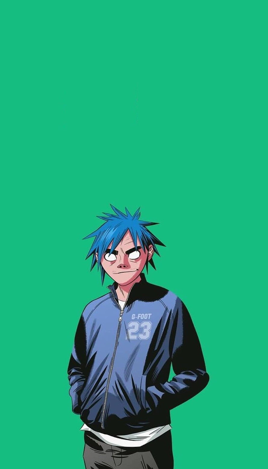 Gorillaz 2D Character Illustration in Blue Track Jacket on Green Background HD phone wallpaper