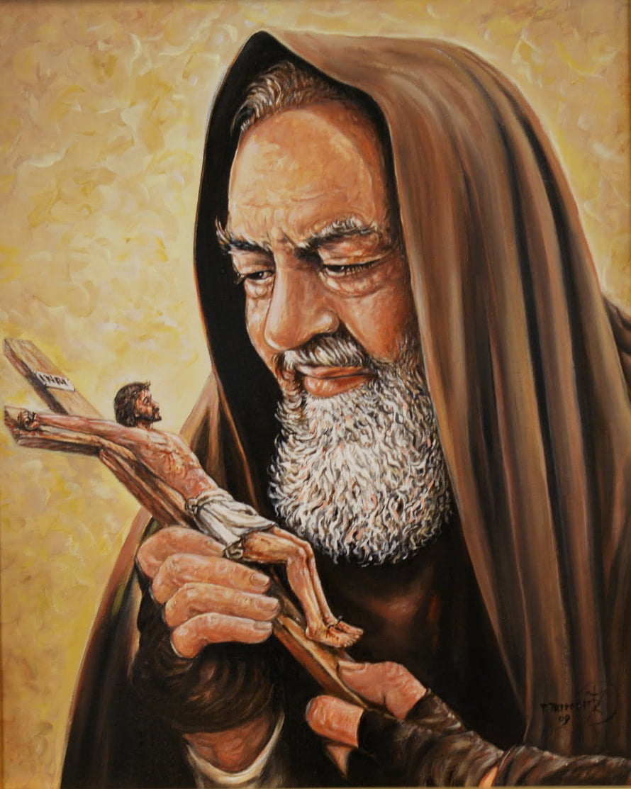 Padre Pio Holding a Crucifix in a Reverent Religious Painting HD phone wallpaper