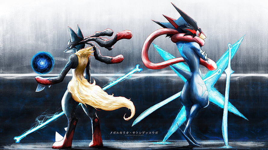 Mega Lucario and Ash Greninja Battle Scene with Blue Energy Swords HD wallpaper