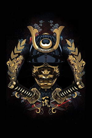 Golden Samurai Helmet and Mask with Crossed Katana Swords on Dark Background HD phone wallpaper