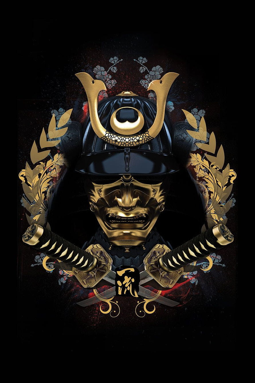 Golden Samurai Helmet and Mask with Crossed Katana Swords on Dark Background HD phone wallpaper