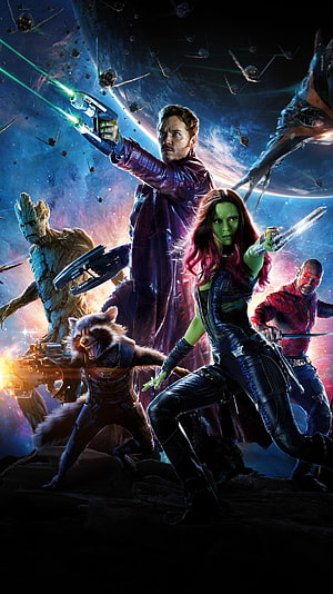 Guardians of the Galaxy Team Action Poster with Star-Lord, Gamora, Groot, Rocket, and Drax in Space HD phone wallpaper