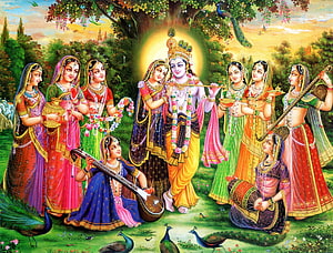 Radha Krishna and the Eight Gopis in a Vibrant Forest Setting with Musical Instruments HD wallpaper