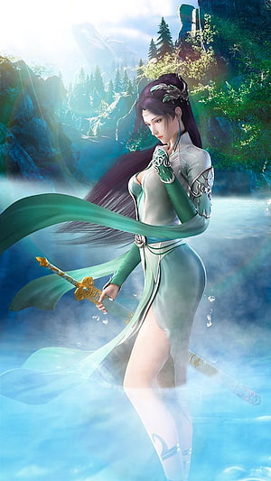 Queen Medusa from Battlevens in a flowing green and white dress holding a sword in a misty mountain landscape HD phone wallpaper