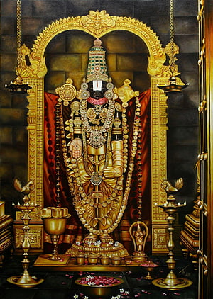 Lord Venkateswara Temple Deity Painting with Gold Ornaments and Brass Lamps HD phone wallpaper