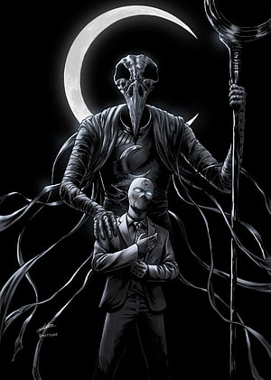 Moon Knight and Marc Spector in a dark monochrome illustration with a crescent moon backdrop HD phone wallpaper