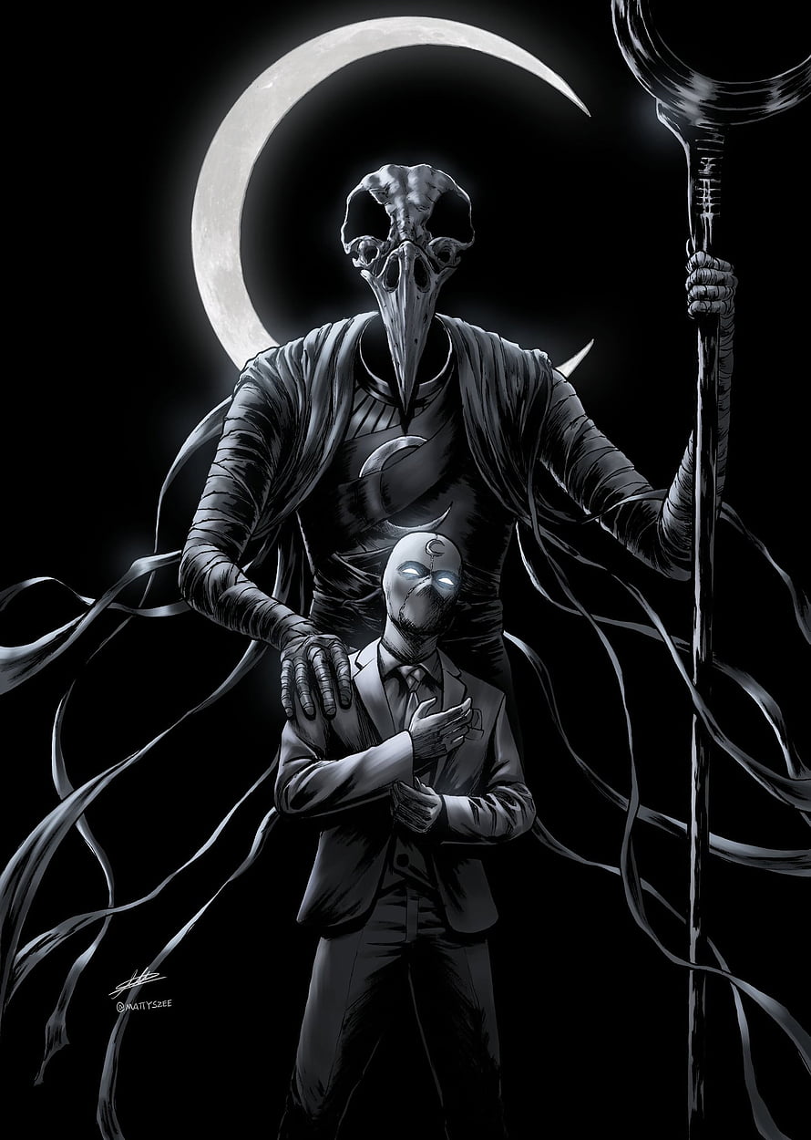 Moon Knight and Marc Spector in a dark monochrome illustration with a crescent moon backdrop HD phone wallpaper