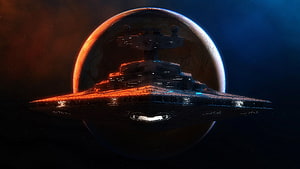 Star Wars Imperial Star Destroyer Silhouetted Against a Glowing Planet in Deep Space HD wallpaper
