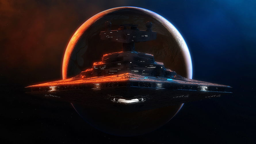 Star Wars Imperial Star Destroyer Silhouetted Against a Glowing Planet in Deep Space HD wallpaper