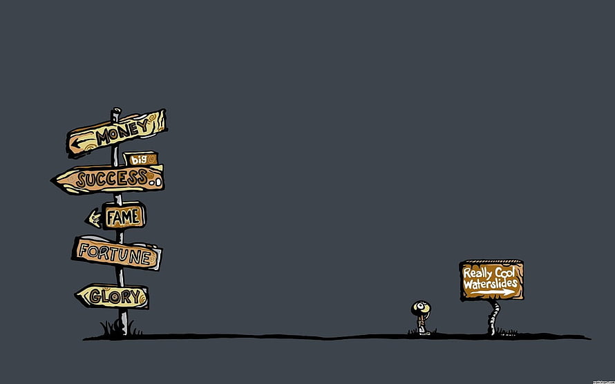 Humorous Cartoon Illustration of a Character Choosing Between Fame and Fun Waterslides HD wallpaper
