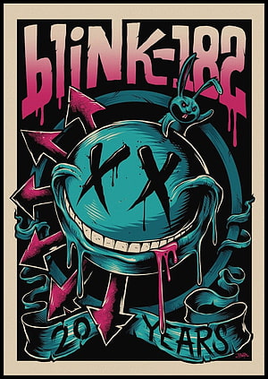 Blink-182 20 Years Anniversary Poster with Teal Skull and Pink Arrows HD phone wallpaper