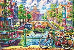 Vibrant Amsterdam Canal Scene with Bicycle, Boats, and Colorful Dutch Architecture HD wallpaper