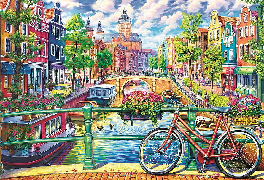 Vibrant Amsterdam Canal Scene with Bicycle, Boats, and Colorful Dutch Architecture HD wallpaper