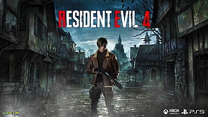 Resident Evil 4 Remake Key Art Featuring Leon S. Kennedy in a Rainy Village HD wallpaper