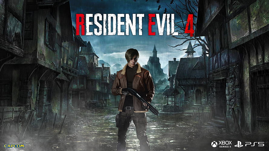 Resident Evil 4 Remake Key Art Featuring Leon S. Kennedy in a Rainy Village HD wallpaper