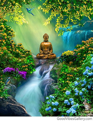 Golden Buddha Meditating in a Lush Garden with Waterfall and Flowers HD phone wallpaper