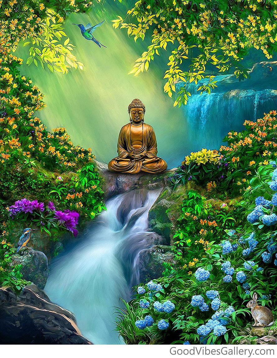 Golden Buddha Meditating in a Lush Garden with Waterfall and Flowers HD phone wallpaper
