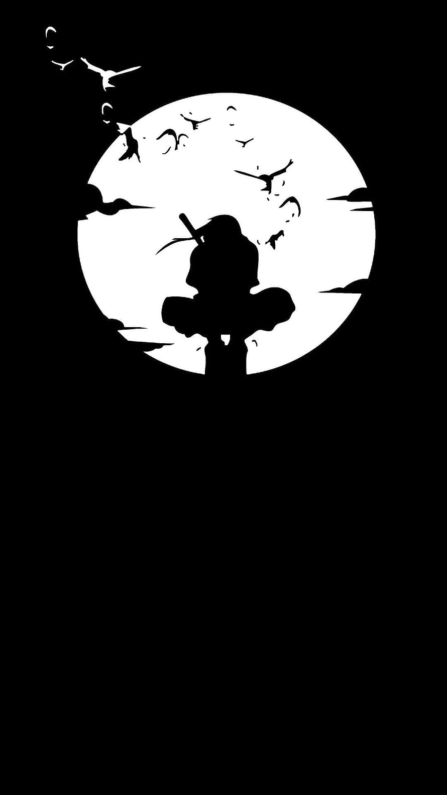 Itachi Uchiha Silhouette Against Full Moon with Birds in Black and White HD phone wallpaper
