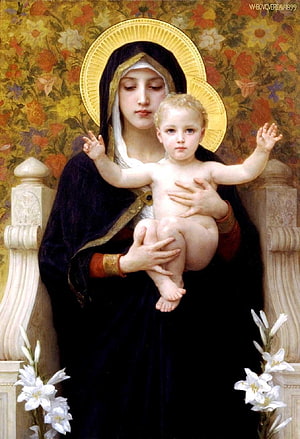 Virgin Mary and Child Religious Oil Painting with Golden Halos and Floral Background HD phone wallpaper