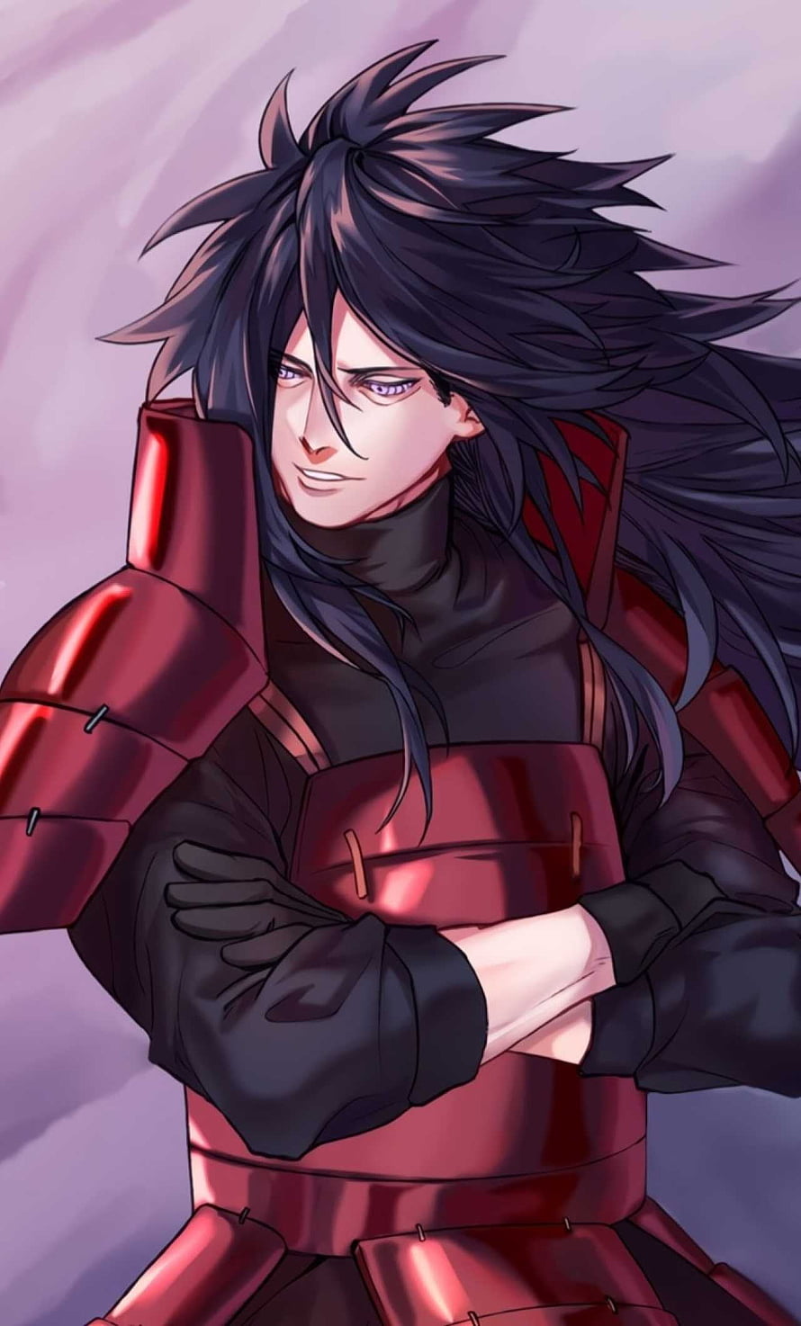Madara Uchiha in Red Armor with Long Black Hair and Purple Eyes HD phone wallpaper
