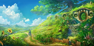 Whimsical Fantasy Hillside Village with Round Doors and Lush Greenery HD wallpaper