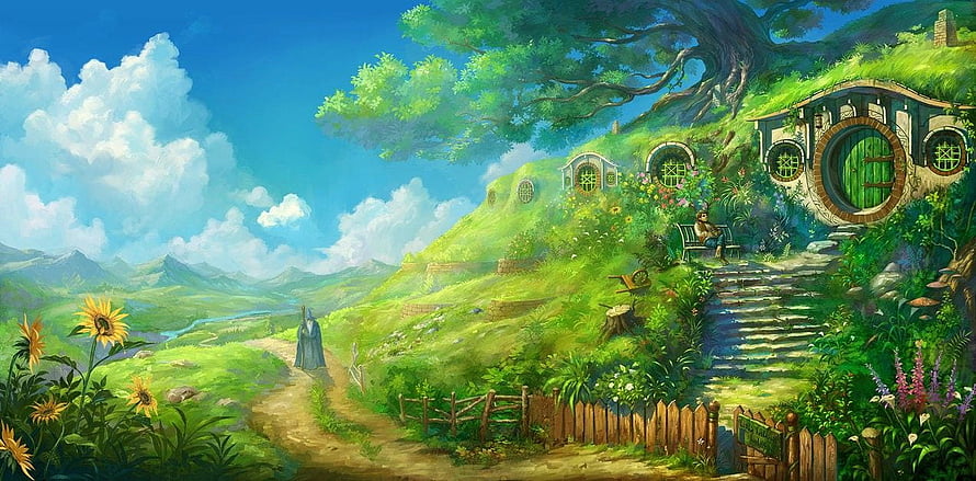 Whimsical Fantasy Hillside Village with Round Doors and Lush Greenery HD wallpaper