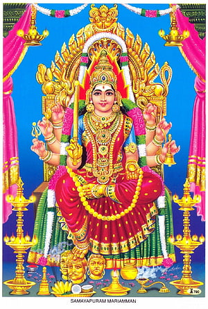 Samayapuram Mariamman Hindu Goddess Devotional Artwork with Golden Ornaments and Oil Lamps HD phone wallpaper