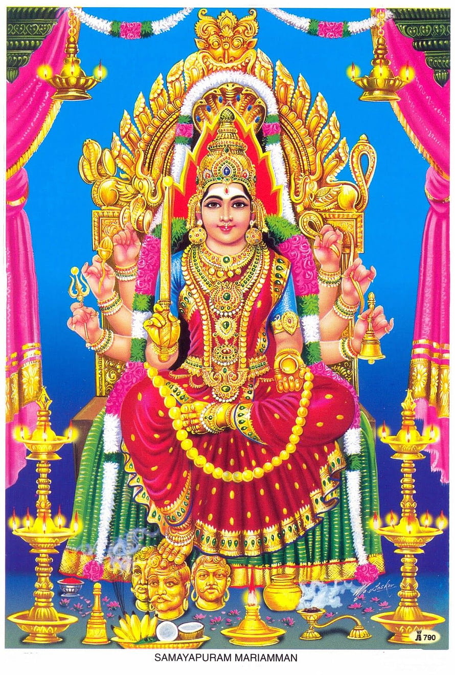 Samayapuram Mariamman Hindu Goddess Devotional Artwork with Golden Ornaments and Oil Lamps HD phone wallpaper