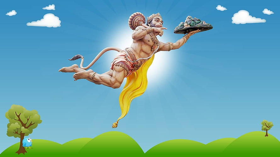 Flying Hanuman Carrying Sanjeevani Mountain in 3D Illustration HD wallpaper