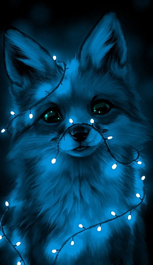 Glowing Blue Fox Portrait Wrapped in Fairy Lights Digital Art HD phone wallpaper