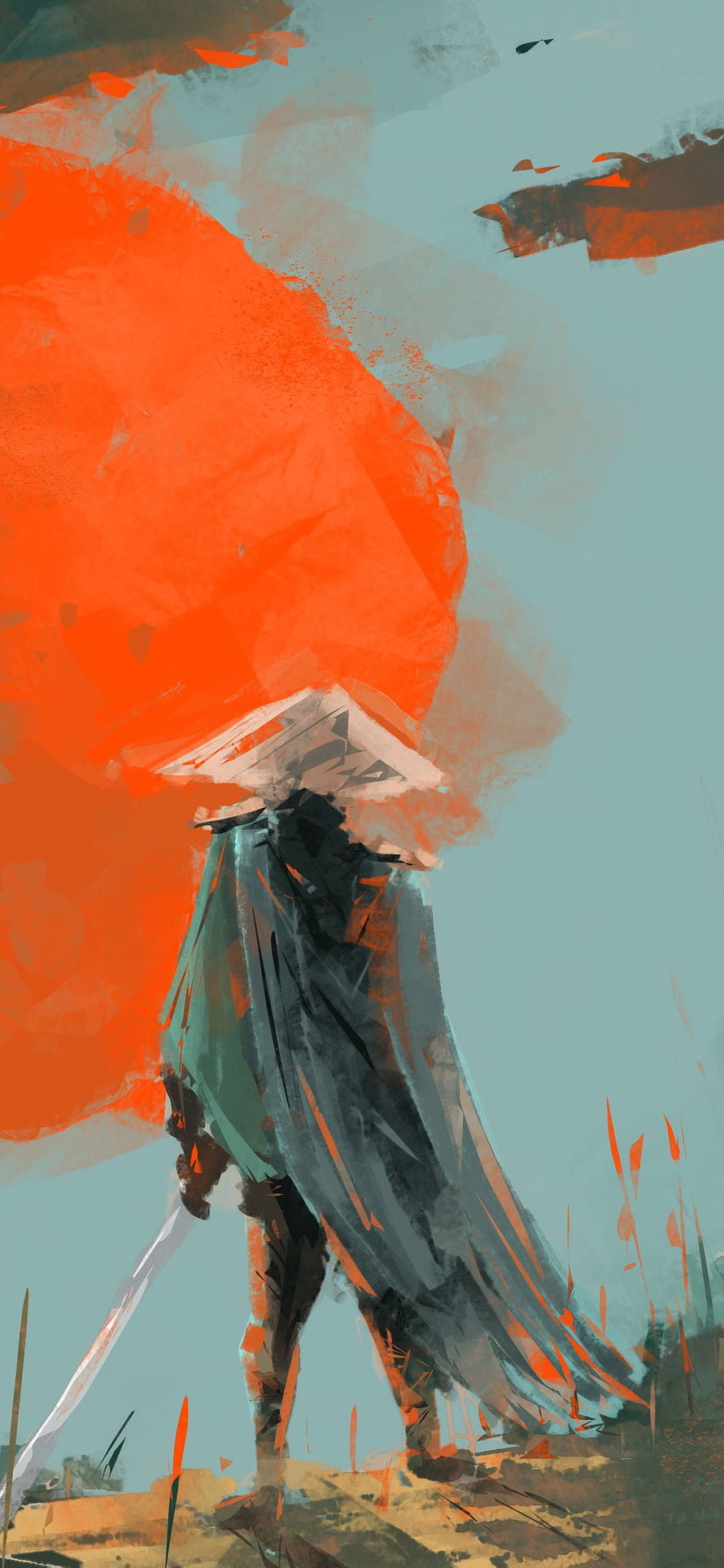 Digital Painting of a Cloaked Samurai Warrior Standing Before a Massive Red Sun HD phone wallpaper