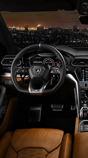 Lamborghini Urus Interior Dashboard With Tan Leather Seats And Night City View HD phone wallpaper