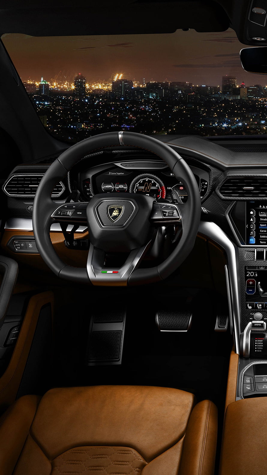 Lamborghini Urus Interior Dashboard With Tan Leather Seats And Night City View HD phone wallpaper