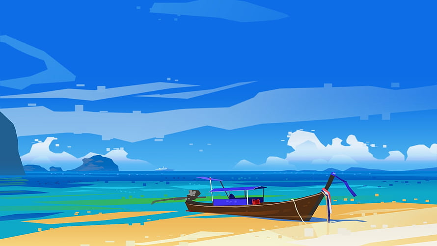 Minimalist Vector Illustration of a Longtail Boat on a Tropical Beach with Turquoise Water HD wallpaper