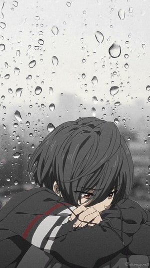 Melancholic Anime Boy Peering Through Rain-Streaked Window in Moody Grayscale HD phone wallpaper