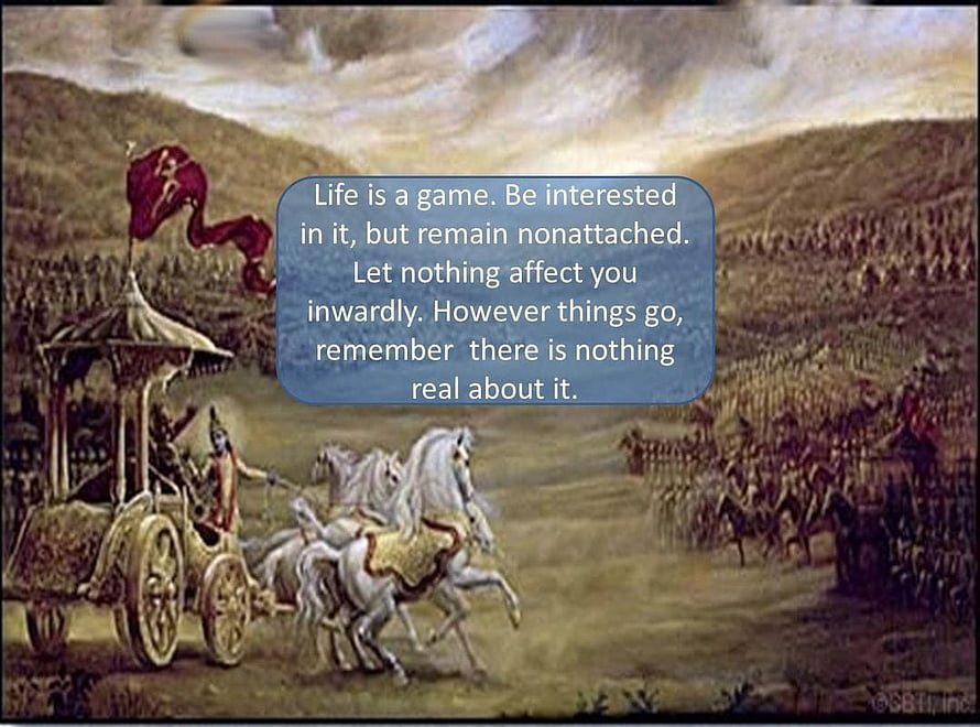 Bhagavad Gita Chariot Scene with Arjuna and Krishna in Ancient Battle HD wallpaper