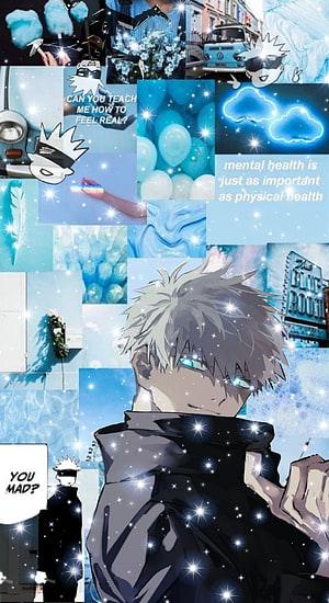 Gojo Satoru Jujutsu Kaisen Anime Wallpaper with Blue Sparkle Aesthetic Collage HD phone wallpaper