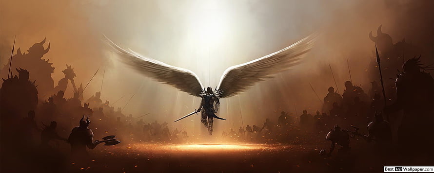 Tyrael Archangel of Justice Descending on Battlefield in Diablo III Epic Fantasy Art HD wallpaper